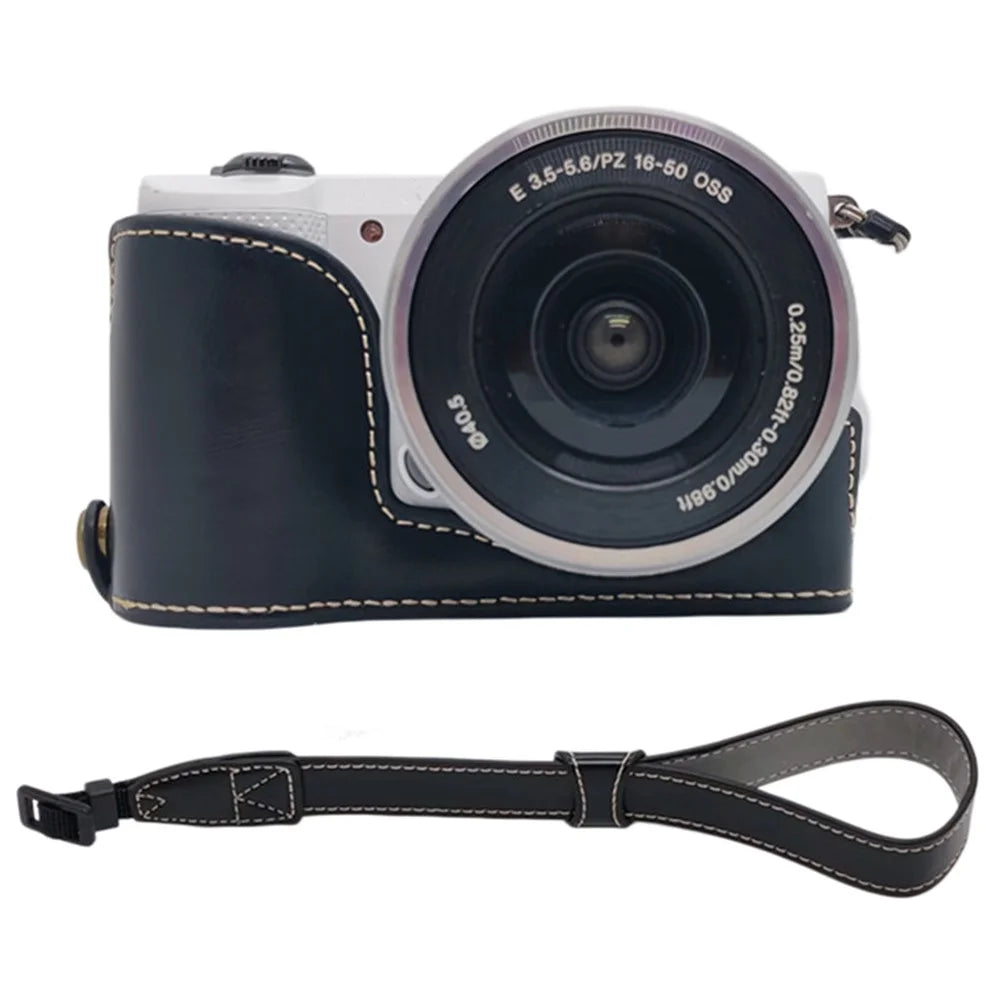 For Sony A5000  /  A5100 Camera Bottom Case PU Leather Half Cover Battery Removable Design Protective Cover with Wrist Strap - Black - 1