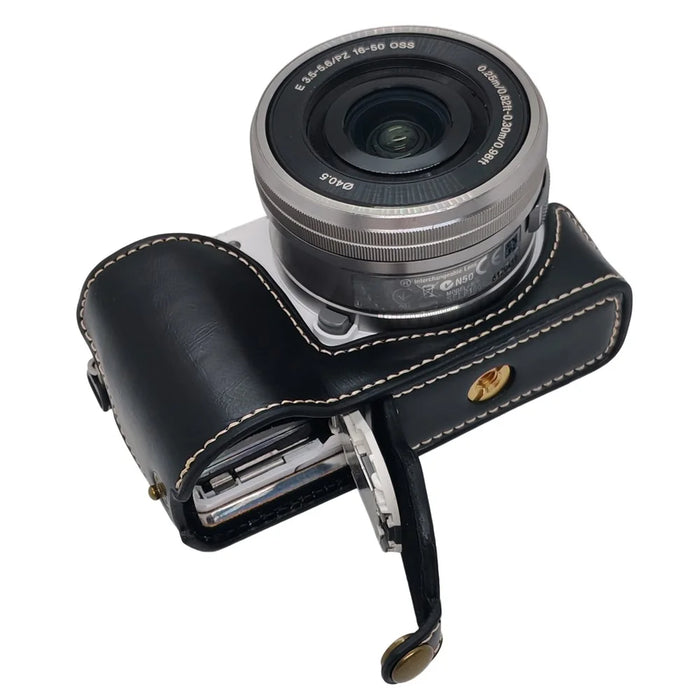 Camera Half Case for Sony A5000  /  A5100 Faux Leather Grip Cover Bottom Opening Battery Access Protective Shell - Black - 1