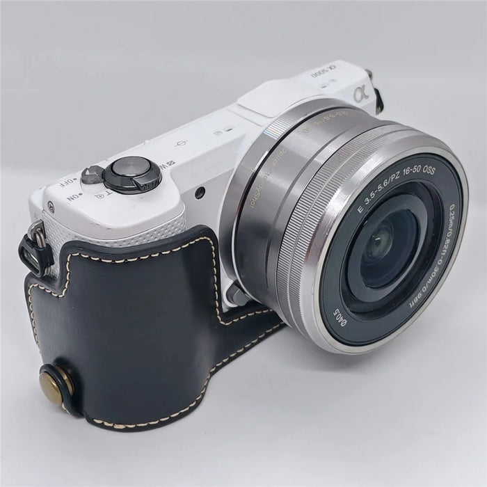 Camera Half Case for Sony A5000  /  A5100 Faux Leather Grip Cover Bottom Opening Battery Access Protective Shell - Black - 6