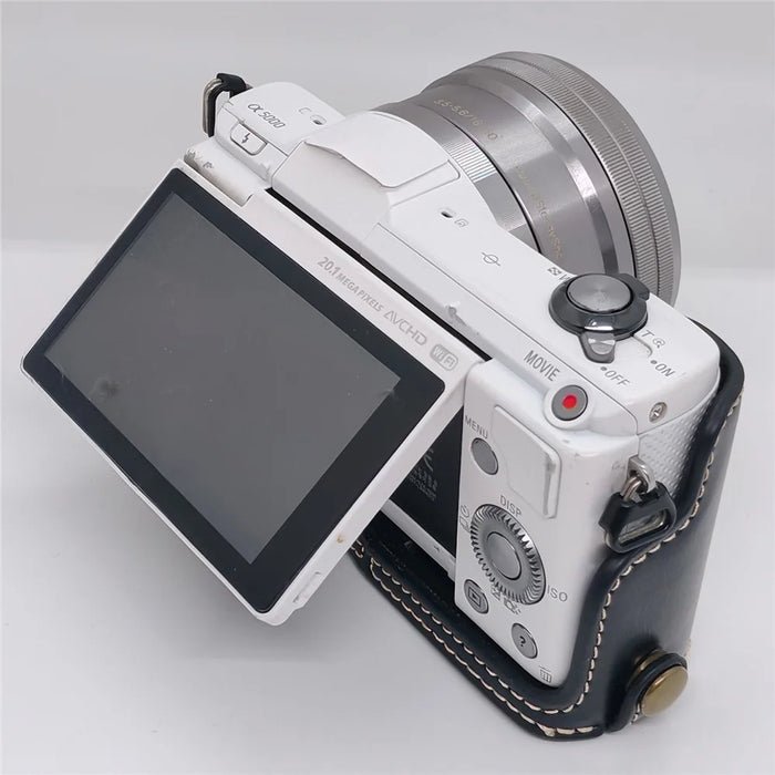 Camera Half Case for Sony A5000  /  A5100 Faux Leather Grip Cover Bottom Opening Battery Access Protective Shell - Black - 7