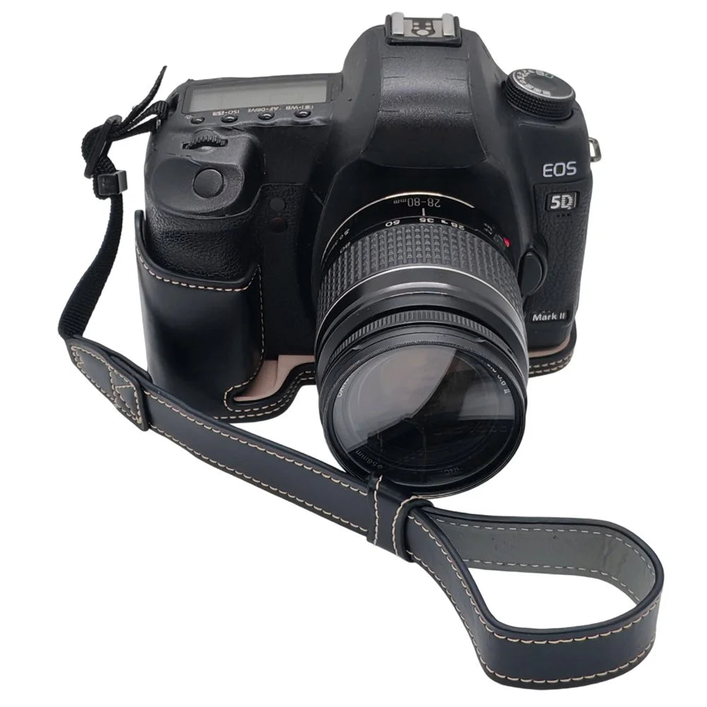 Half Case for Canon EOS 5D Mark II  /  Mark III  /  Mark IV Detachable Battery Design PU Leather Camera Grip Cover with Wrist Strap - Black - 1