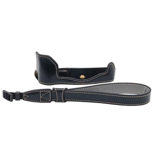 Camera Half Case for Olympus PEN-F PU Leather Bottom Battery Opening Protective Cover with Wrist Strap - Black - 1
