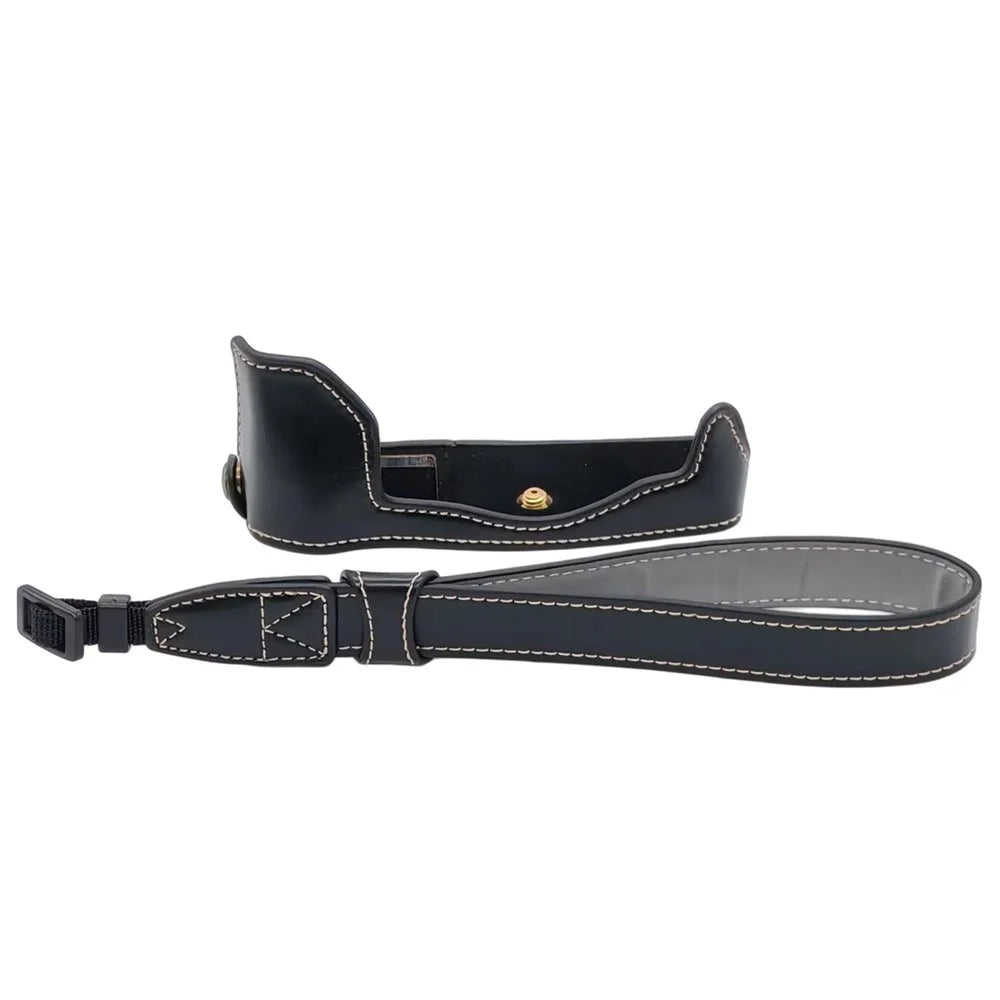 Camera Half Case for Olympus PEN-F PU Leather Bottom Battery Opening Protective Cover with Wrist Strap - Black - 1