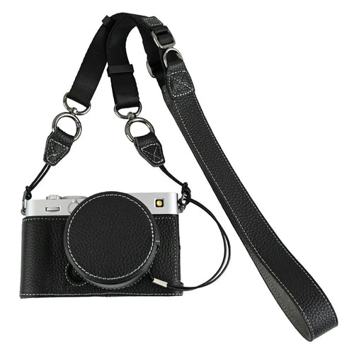 For Fujifilm X-E5 Camera Case Genuine Cow Leather Protective Cover with Lens Cap + Shoulder Strap - Black - 1