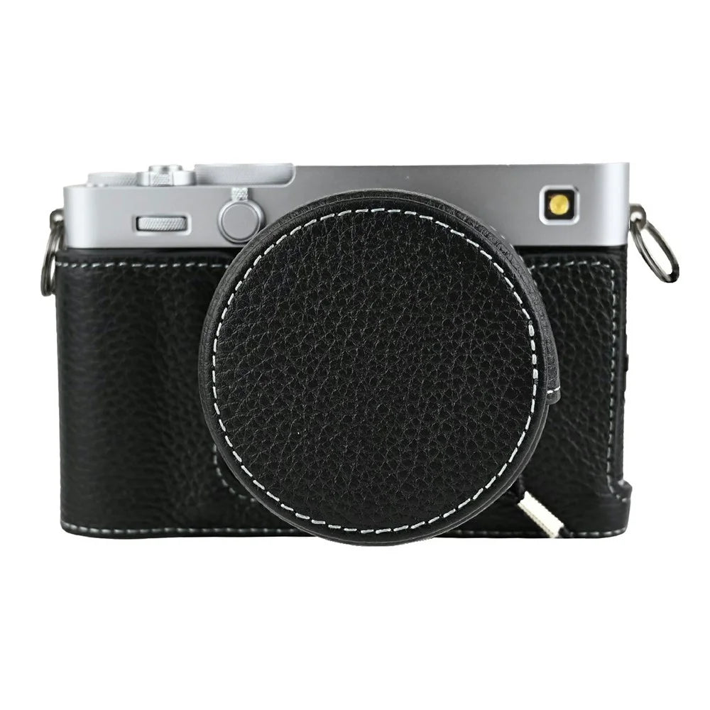 For Fujifilm X-E5 Camera Case Genuine Cow Leather Protective Cover with Lens Cap + Shoulder Strap - Black - 7