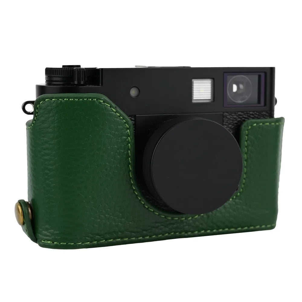 For Fujifilm X Half Genuine Cow Leather Protective Cover Camera Case with Battery Access and Shoulder Strap - Green - 6