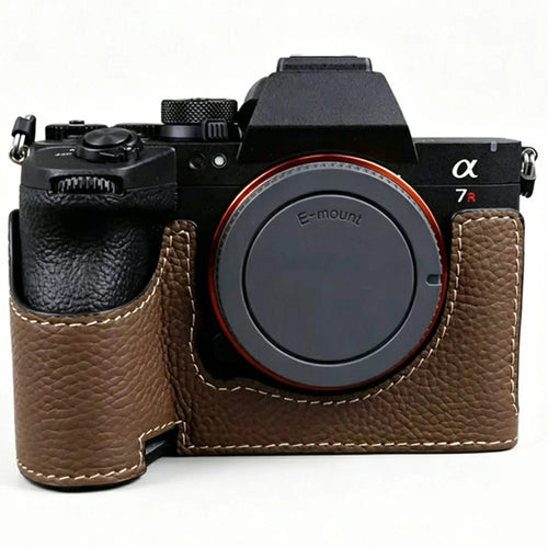 For Sony Alpha 7R VI Camera Half Case Genuine Cow Leather Protective Cover - Coffee - 1