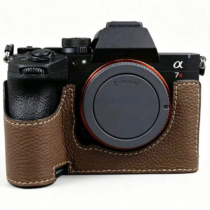 For Sony Alpha 7R VI Camera Half Case Genuine Cow Leather Protective Cover - Coffee - 1