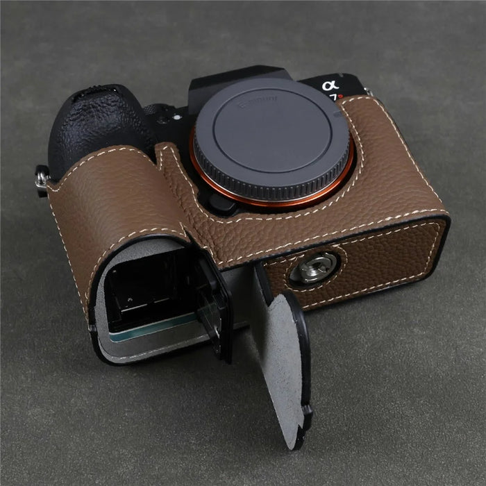 For Sony Alpha 7R VI Camera Half Case Genuine Cow Leather Protective Cover - Coffee - 3