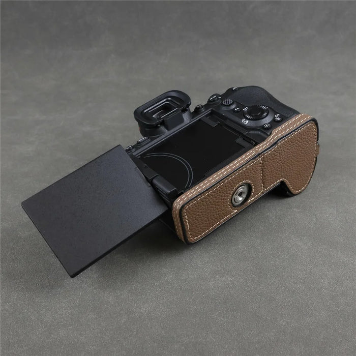 For Sony Alpha 7R VI Camera Half Case Genuine Cow Leather Protective Cover - Coffee - 4