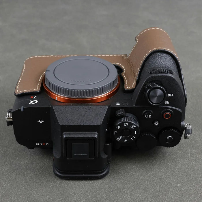 For Sony Alpha 7R VI Camera Half Case Genuine Cow Leather Protective Cover - Coffee - 6