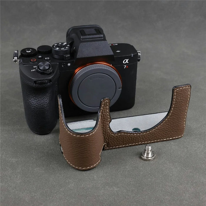 For Sony Alpha 7R VI Camera Half Case Genuine Cow Leather Protective Cover - Coffee - 7