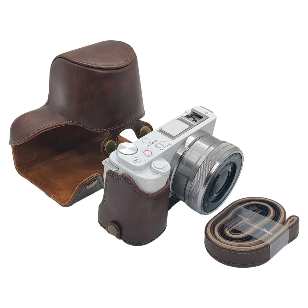 For Sony ZV-E10 Camera Case PU Leather Battery Access Opening Protective Cover with Shoulder Strap - Coffee - 1