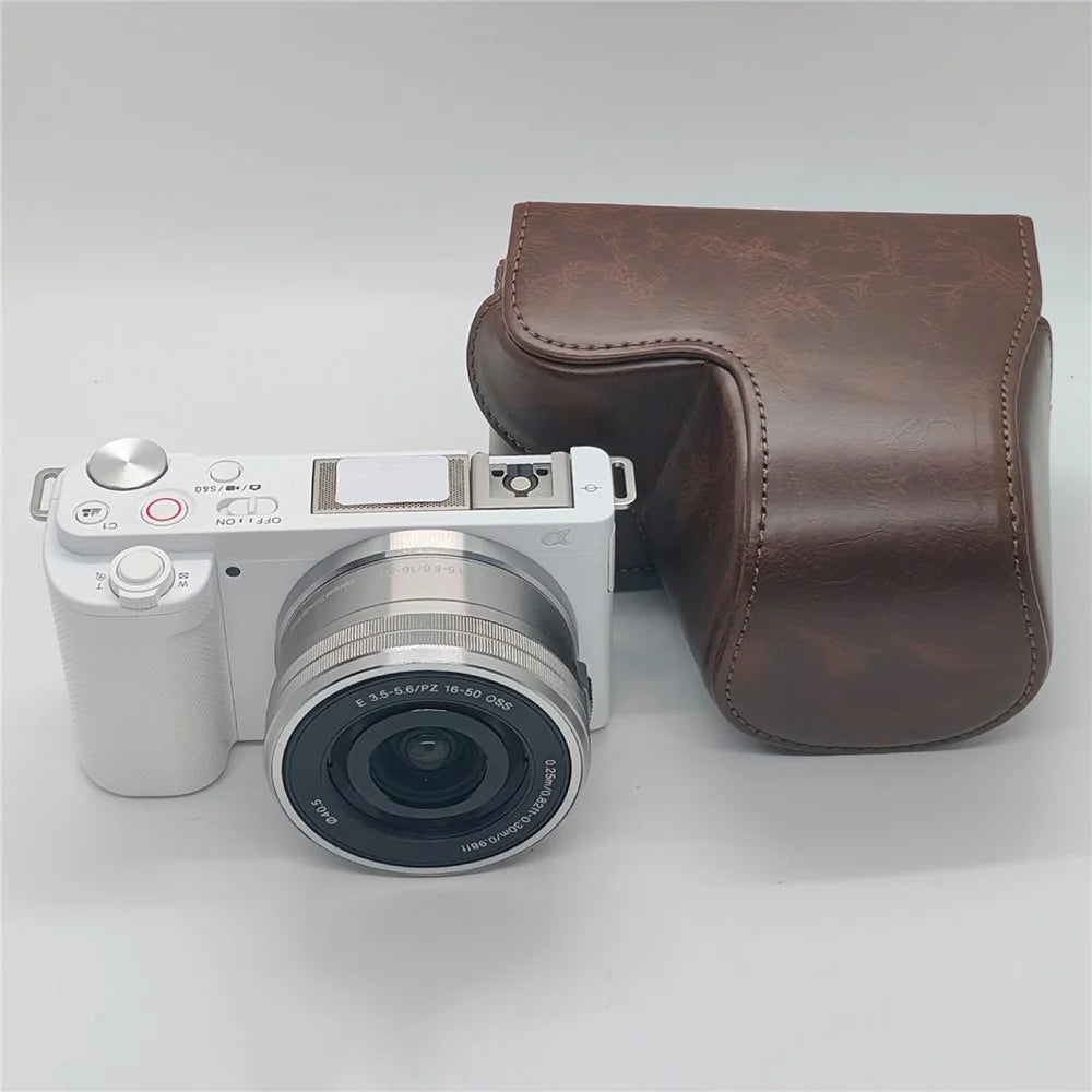 For Sony ZV-E10 Camera Case PU Leather Battery Access Opening Protective Cover with Shoulder Strap - Coffee - 2