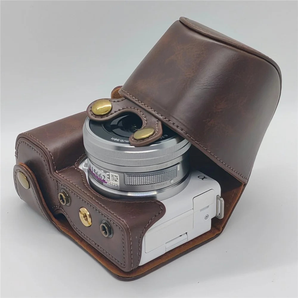 For Sony ZV-E10 Camera Case PU Leather Battery Access Opening Protective Cover with Shoulder Strap - Coffee - 3