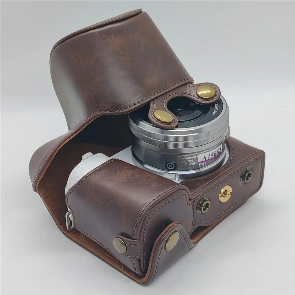 For Sony ZV-E10 Camera Case PU Leather Battery Access Opening Protective Cover with Shoulder Strap - Coffee - 4