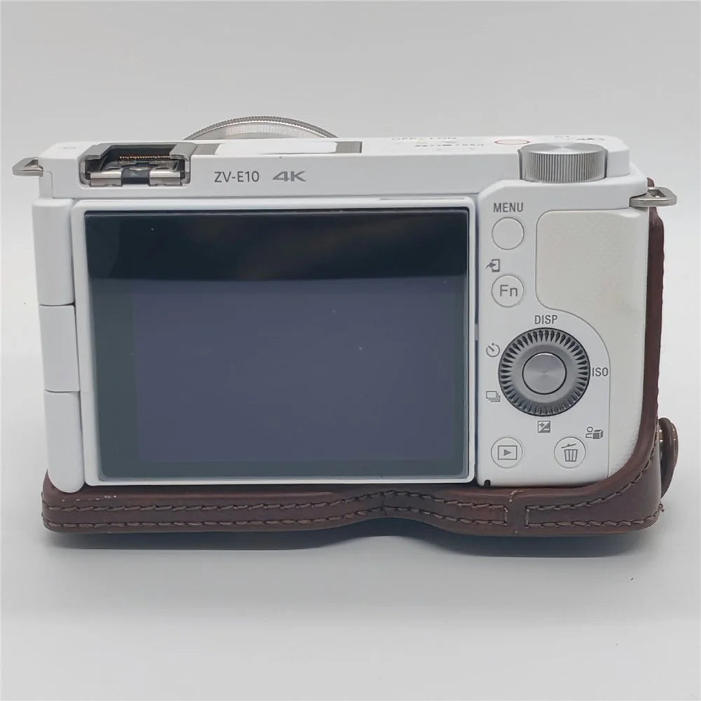 For Sony ZV-E10 Camera Case PU Leather Battery Access Opening Protective Cover with Shoulder Strap - Coffee - 5