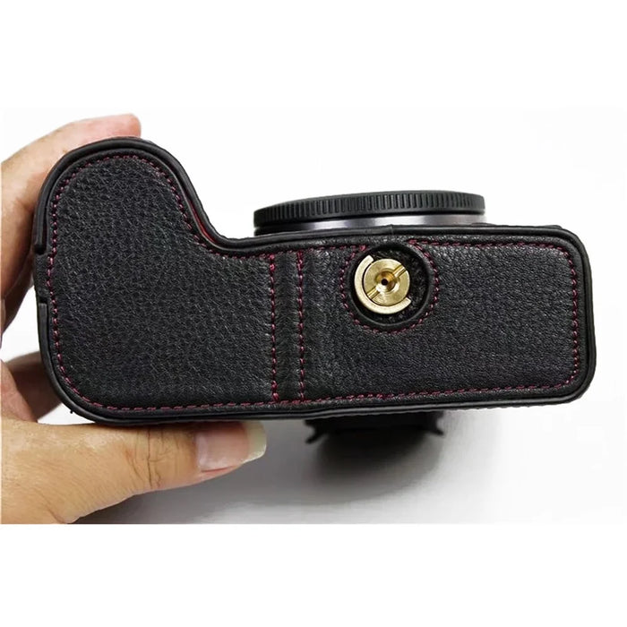 Top Layer Cowhide Camera Bottom Case for Canon EOS R5 / R6 / R62 Battery Opening Design Protective Half Body Cover - Black - 3