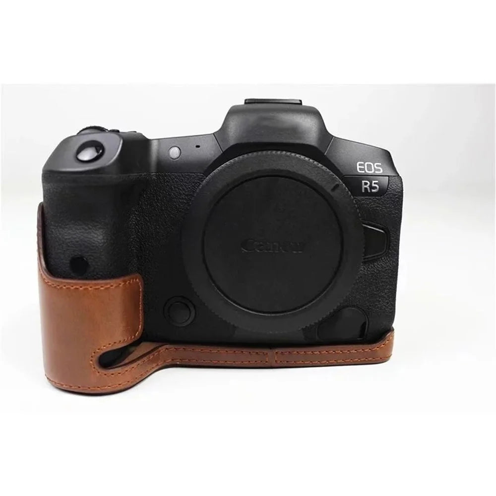 For Canon EOS R5 / R6 / R62 PU Leather Camera Bottom Case Battery Opening Design Flannel Lining Protective Half Body Cover - Coffee - 2