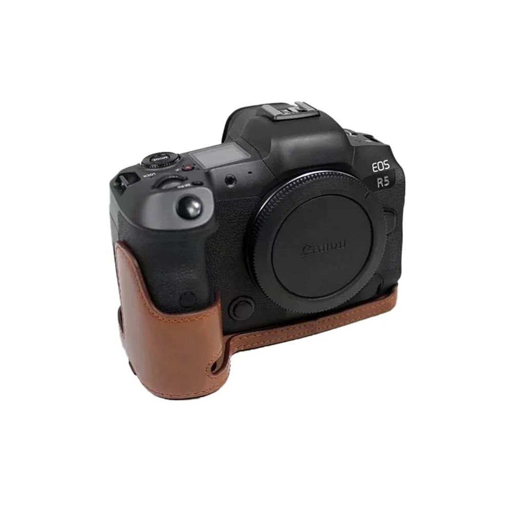 For Canon EOS R5 / R6 / R62 PU Leather Camera Bottom Case Battery Opening Design Flannel Lining Protective Half Body Cover - Coffee - 3