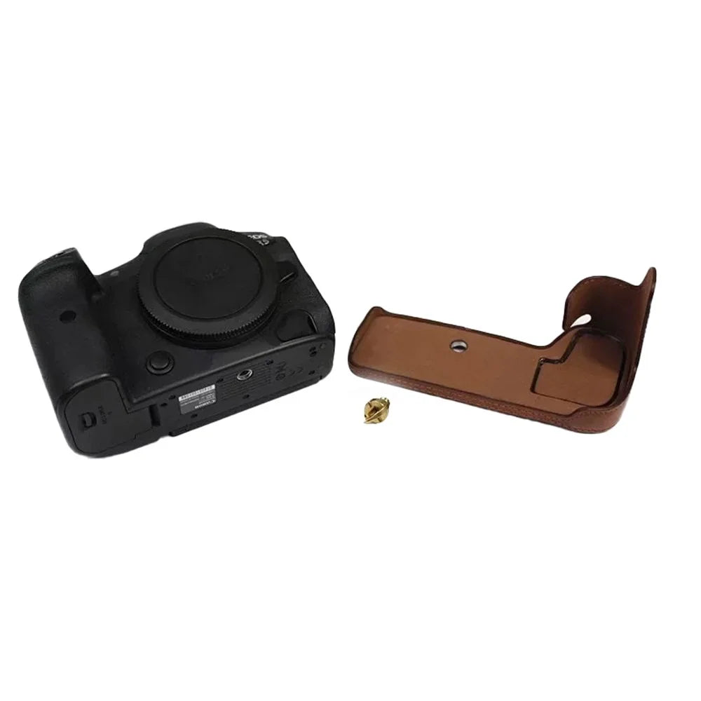 For Canon EOS R5 / R6 / R62 PU Leather Camera Bottom Case Battery Opening Design Flannel Lining Protective Half Body Cover - Coffee - 7