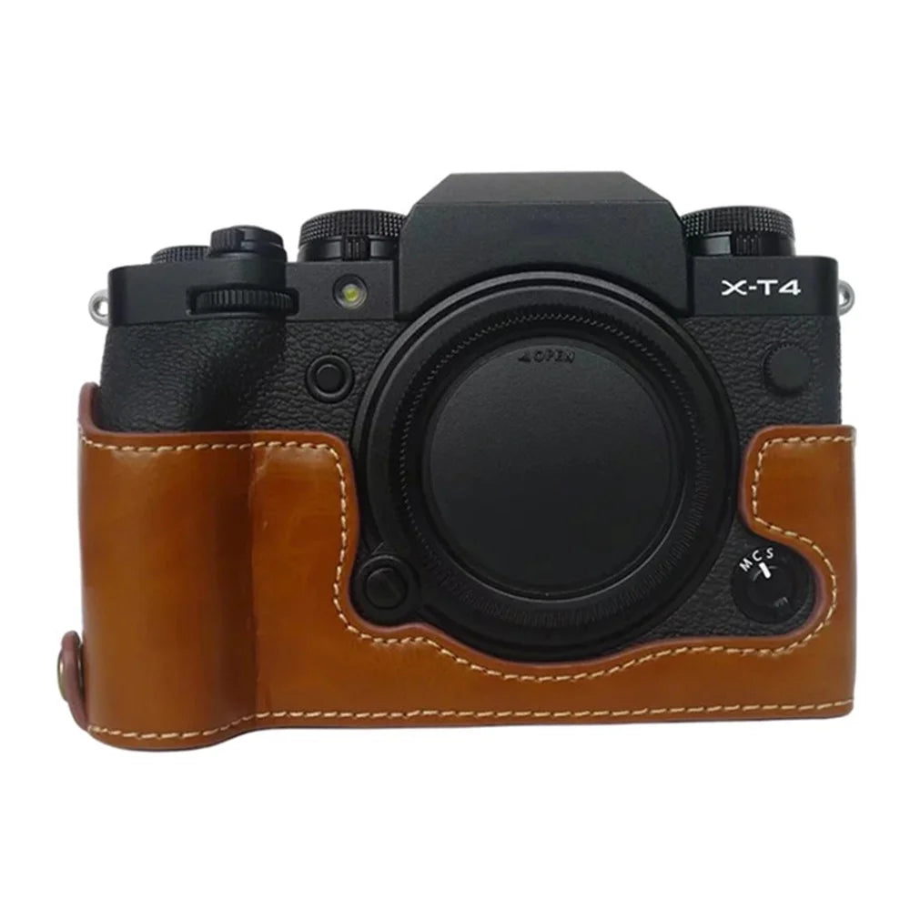 For Fujifilm X-T4 Digital Camera PU Leather Protective Bottom Case Anti-scratch Half Body Cover with Battery Opening - Brown - 1