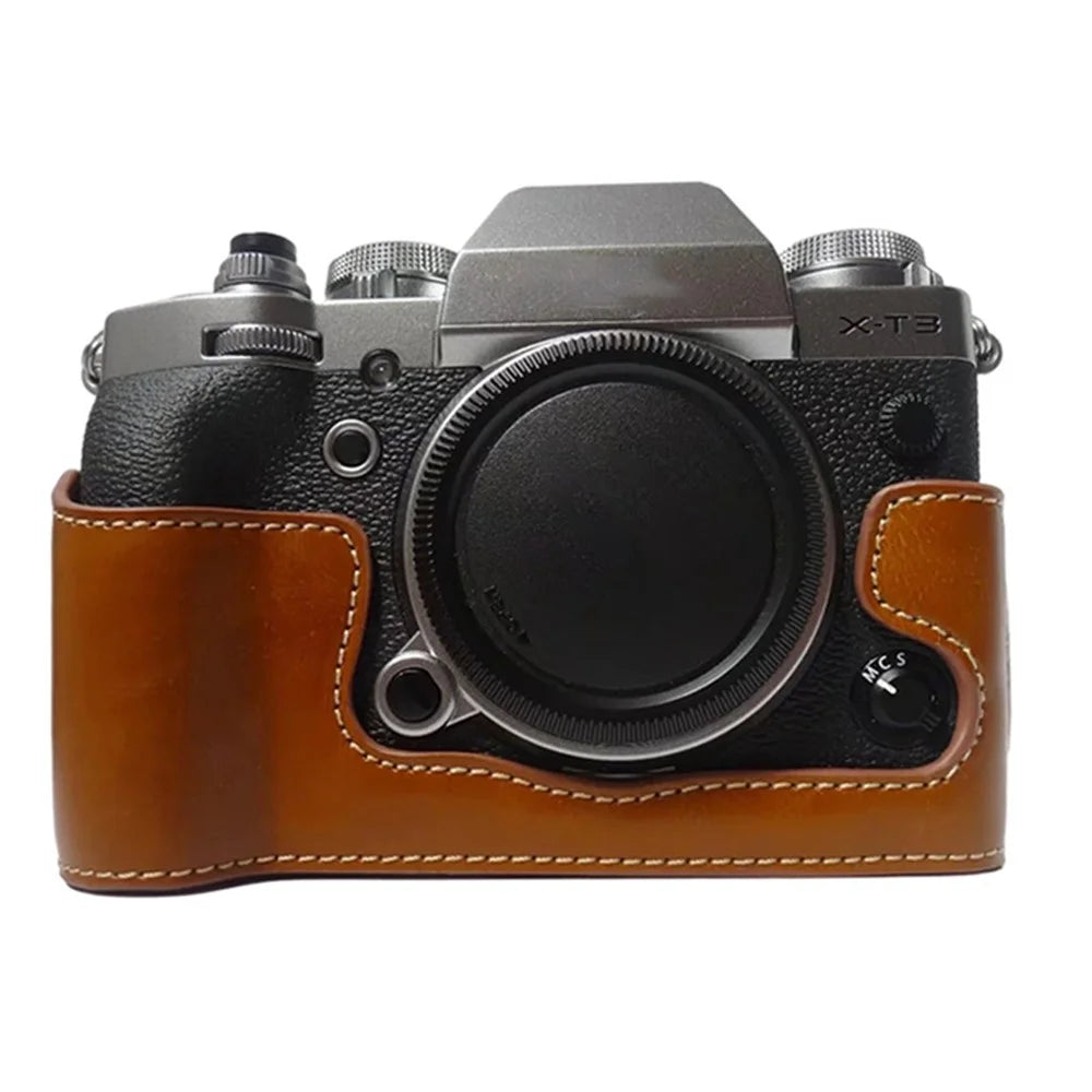 For Fujifilm X-T3 Digital Camera PU Leather Protective Bottom Case Battery Opening Design Half Body Cover - Brown - 1