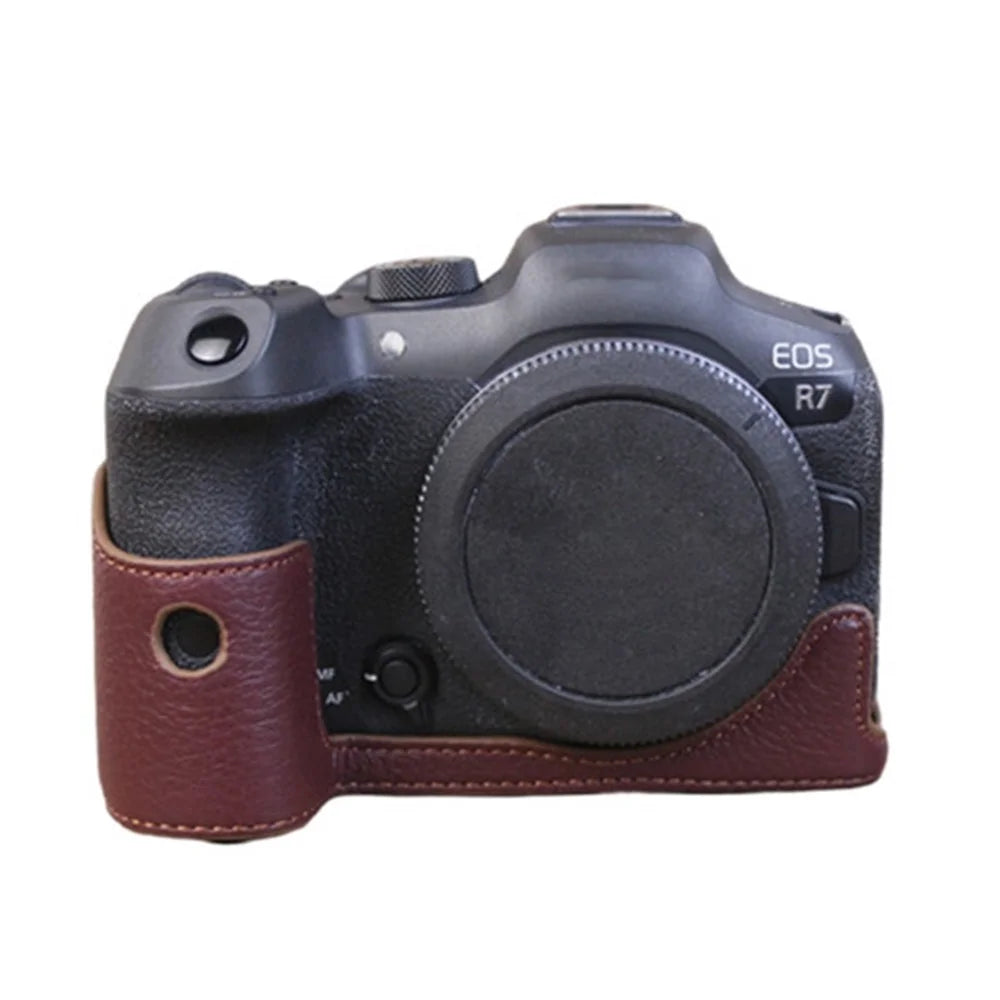 For Canon EOS R7 Genuine Leather Camera Bottom Case Battery Opening Design Half Body Protective Cover - Coffee - 1