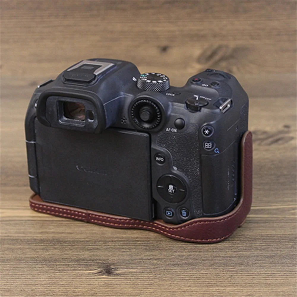 For Canon EOS R7 Genuine Leather Camera Bottom Case Battery Opening Design Half Body Protective Cover - Coffee - 2