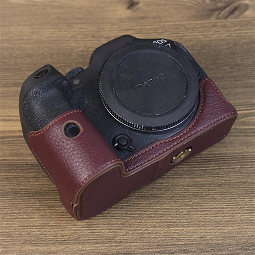 For Canon EOS R7 Genuine Leather Camera Bottom Case Battery Opening Design Half Body Protective Cover - Coffee - 3