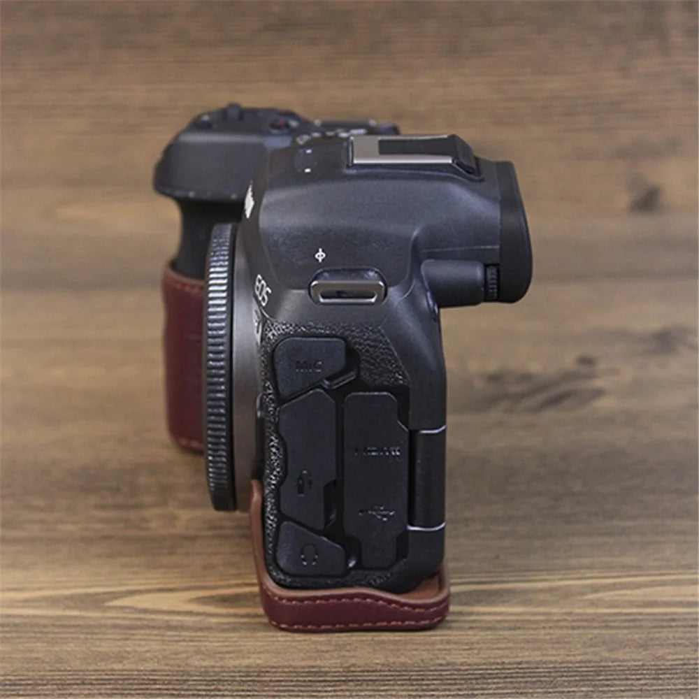 For Canon EOS R7 Genuine Leather Camera Bottom Case Battery Opening Design Half Body Protective Cover - Coffee - 4