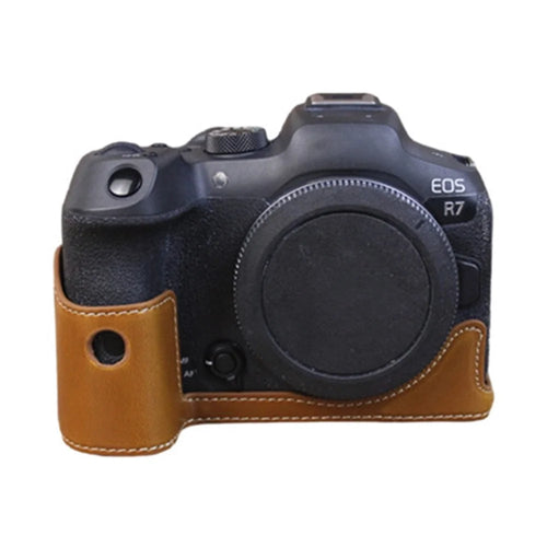 For Canon EOS R7 Digital Camera Bottom Case PU Leather Half Body Protective Cover with Battery Opening Design - Brown - 1