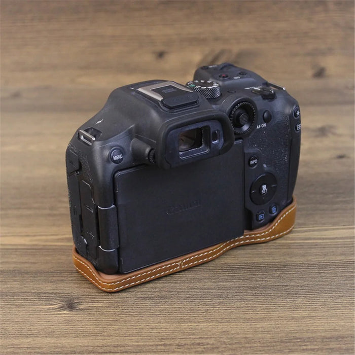 For Canon EOS R7 Digital Camera Bottom Case PU Leather Half Body Protective Cover with Battery Opening Design - Brown - 2