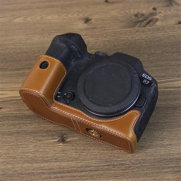 For Canon EOS R7 Digital Camera Bottom Case PU Leather Half Body Protective Cover with Battery Opening Design - Brown - 3