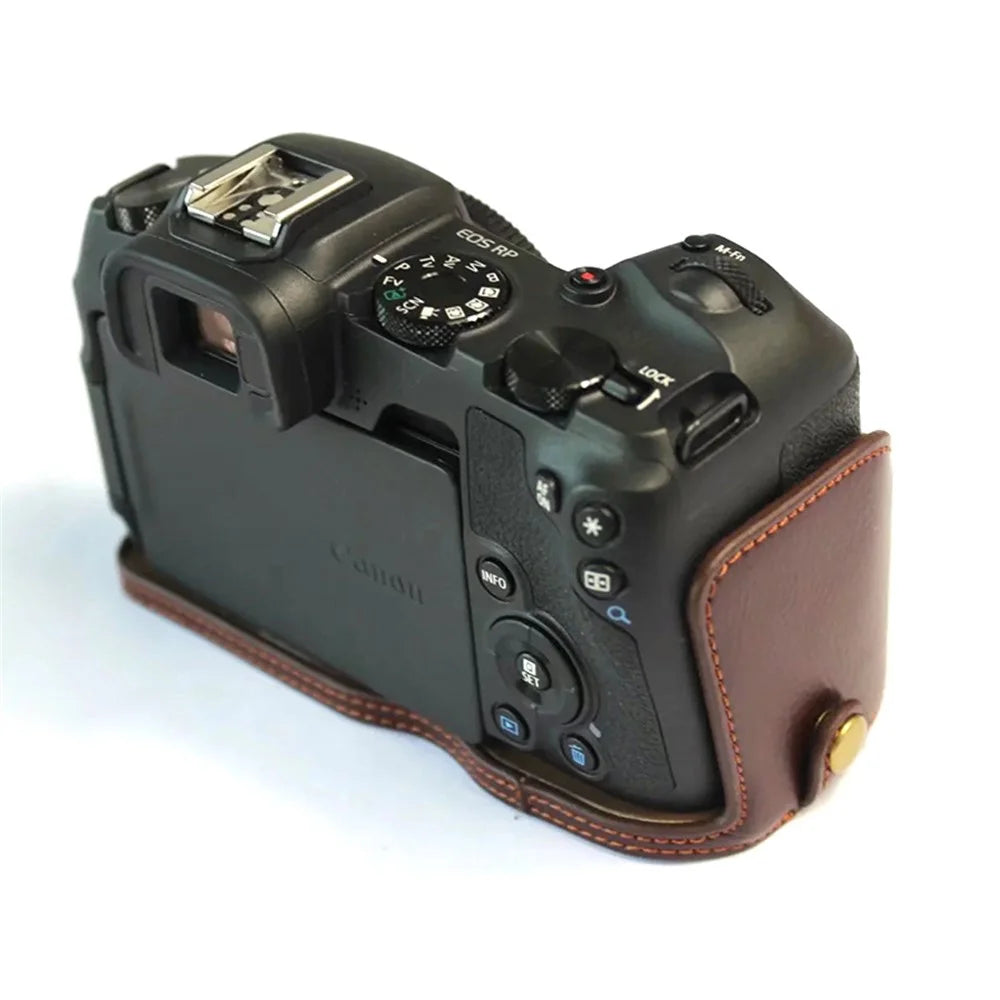 For Canon EOS RP Genuine Leather Half Body Protective Cover Battery Opening Design Camera Bottom Case with Hand Strap - Coffee - 2