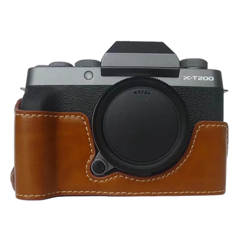 For Fujifilm X-T200 Digital Camera Protective Bottom Case Anti-scratch PU Leather Half Body Cover with Battery Opening - Brown - 1