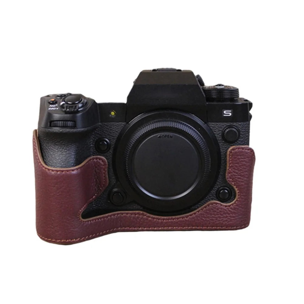 For Fujifilm X-H2s / X-H2 Camera Bottom Shell Genuine Leather Large Opening Design Protective Half Body Cover - Coffee - 1