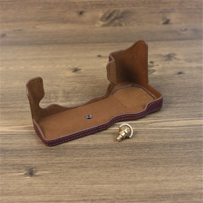 For Fujifilm X-H2s / X-H2 Camera Bottom Shell Genuine Leather Large Opening Design Protective Half Body Cover - Coffee - 3