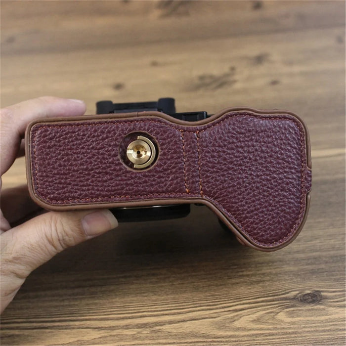 For Fujifilm X-H2s / X-H2 Camera Bottom Shell Genuine Leather Large Opening Design Protective Half Body Cover - Coffee - 5