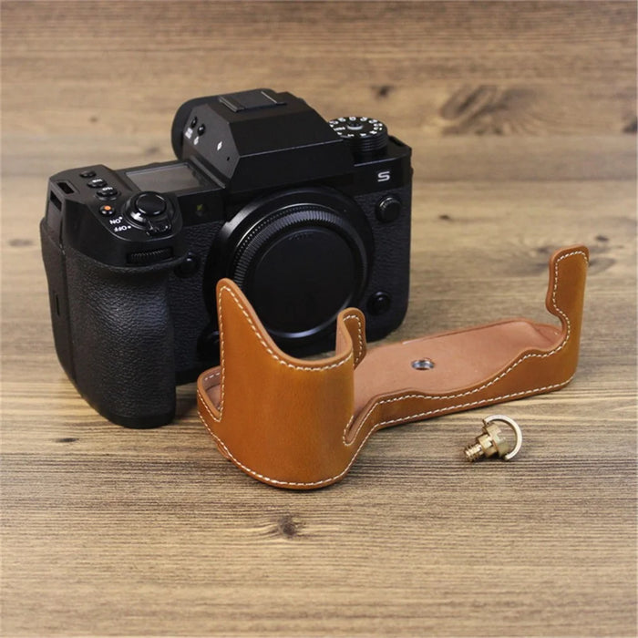 For Fujifilm X-H2s / X-H2 PU Leather Anti-scratch Camera Bottom Cover Large Opening Design Protective Half Body Case - Brown - 3