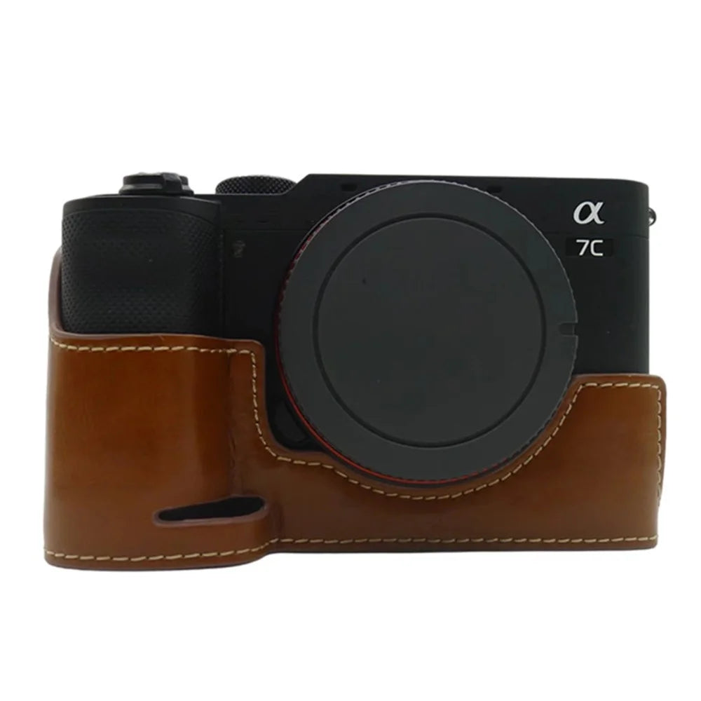 For Sony A7C PU Leather Camera Cover Half Protective Bottom Case with Battery Opening Design - Brown - 1