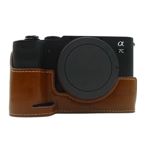For Sony A7C PU Leather Camera Cover Half Protective Bottom Case with Battery Opening Design - Brown - 1