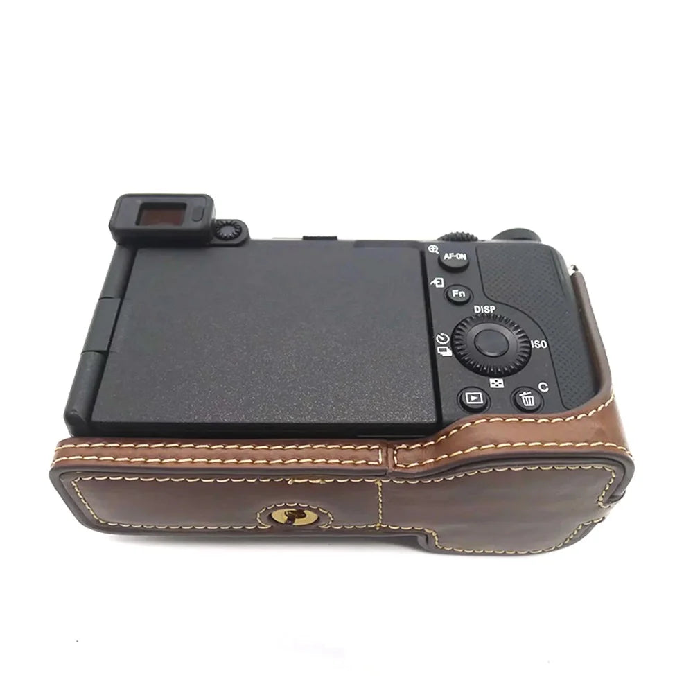 For Sony A7C PU Leather Camera Cover Half Protective Bottom Case with Battery Opening Design - Brown - 5
