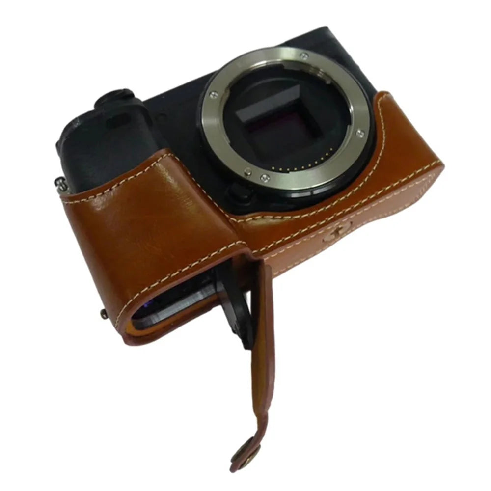 For Sony A6400 / A6300 / A6000 Camera Protective Half Body Cover PU Leather Bottom Case with Battery Opening - Brown - 1