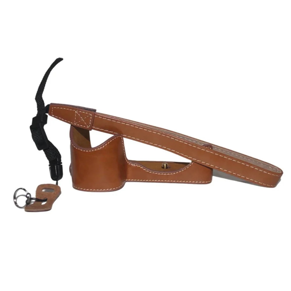 For Sony A6600 Anti-scratch PU Leather Camera Bottom Cover Battery Opening Design Half Body Protective Case with Hand Strap - Brown - 1