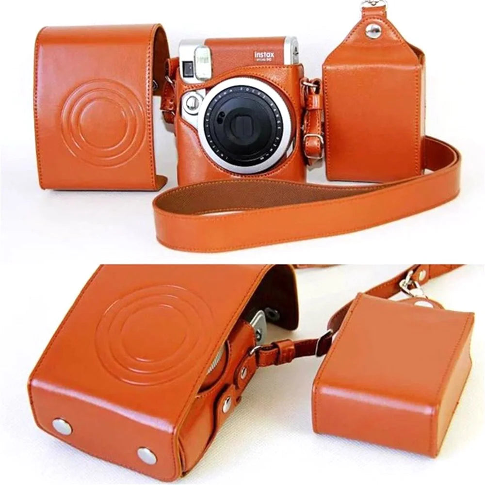For Fujifilm Instax Mini 90 Synthetic Leather Camera Bag Protective Case with Film Case and Neck Strap - Brown - 1