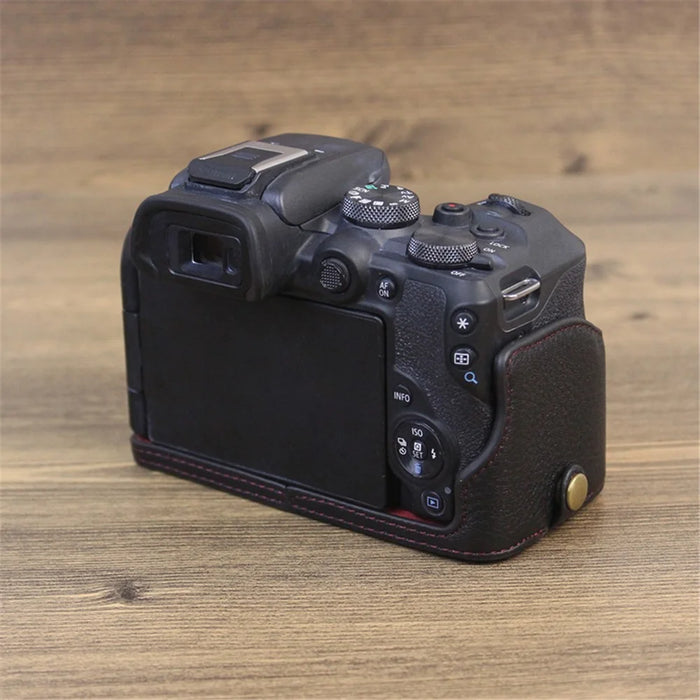 Genuine Leather Camera Bottom Case for Canon EOS R10, Anti-dust Camera Half Body Cover - Black - 4