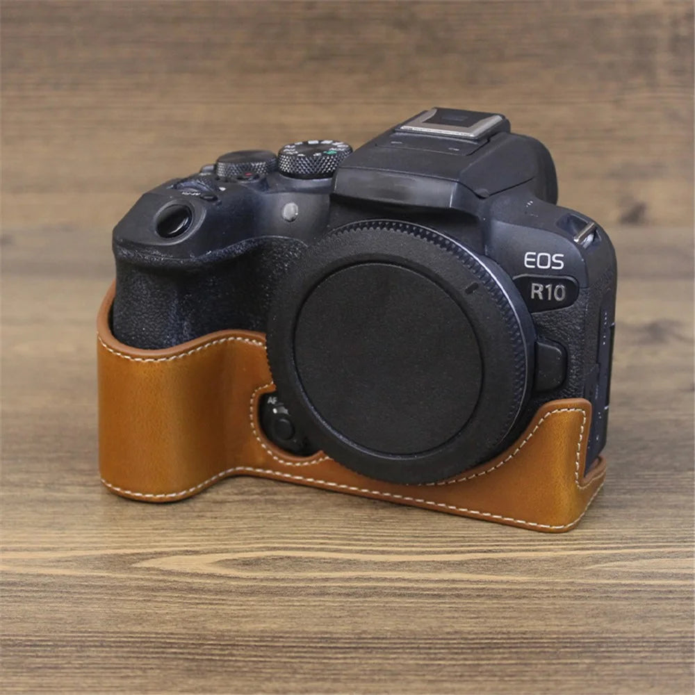 For Canon EOS R10 PU Leather Anti-scratch Camera Bottom Cover Large Opening Design Protective Half Body Case - Brown - 2