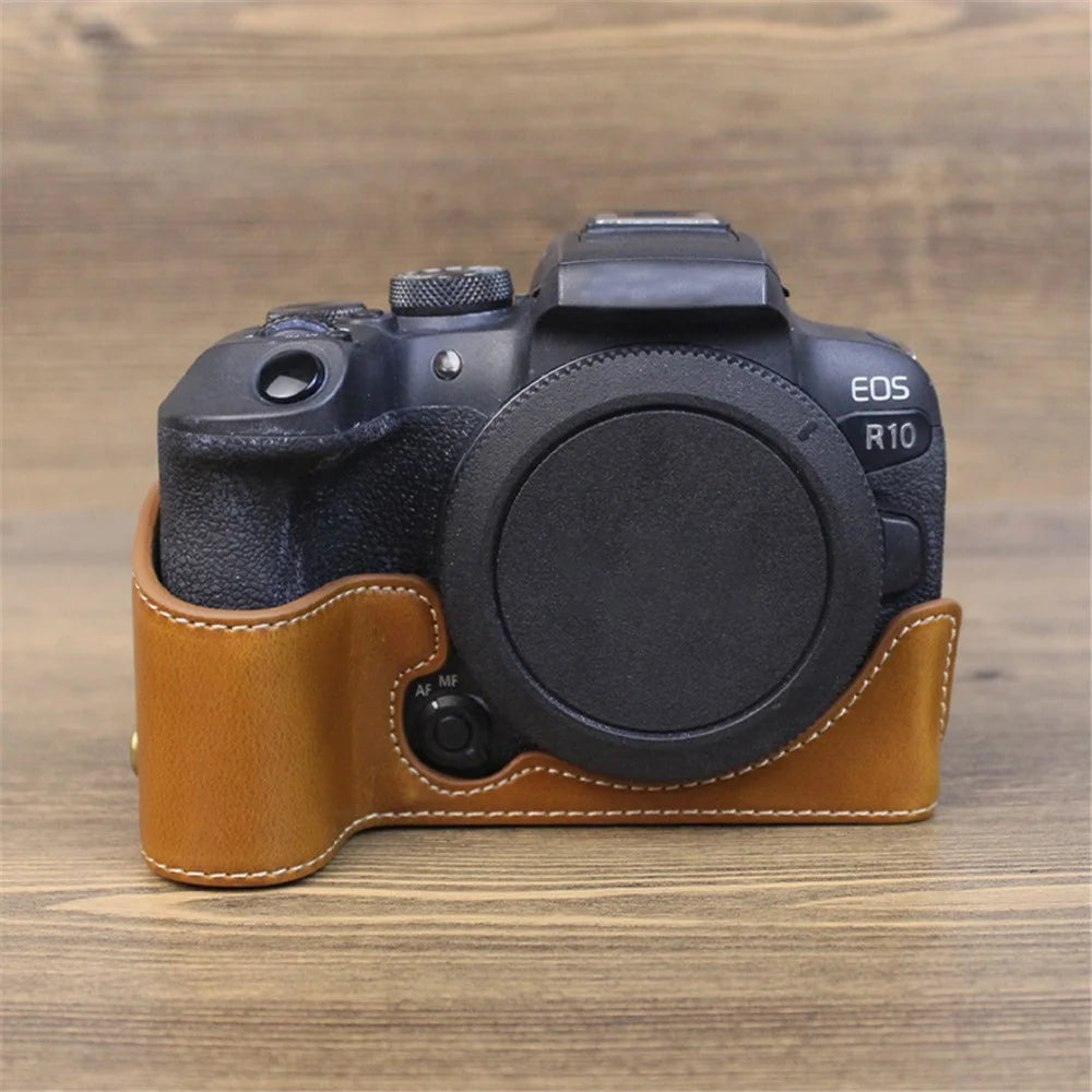 For Canon EOS R10 PU Leather Anti-scratch Camera Bottom Cover Large Opening Design Protective Half Body Case - Brown - 3