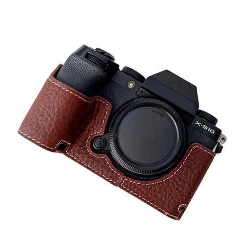 Genuine Leather Half Cover Case for Fujifilm X-S10 Camera, Anti-scratch Protective Cover with Battery Opening - Coffee - 1
